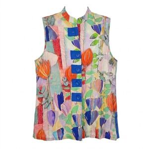 Radzoli Womens LARGE Floral Abstract Art‎ to Wear Sleeveless Button Front Vest